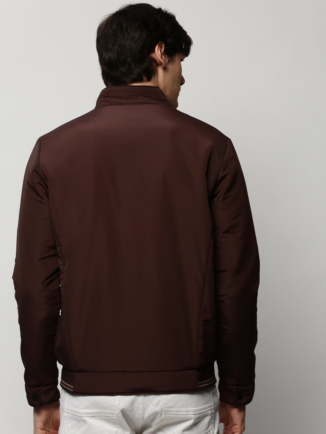 Men Brown Solid Casual Bomber Jackets