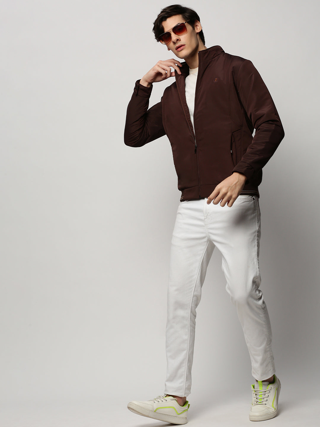 Men Brown Solid Casual Bomber Jackets