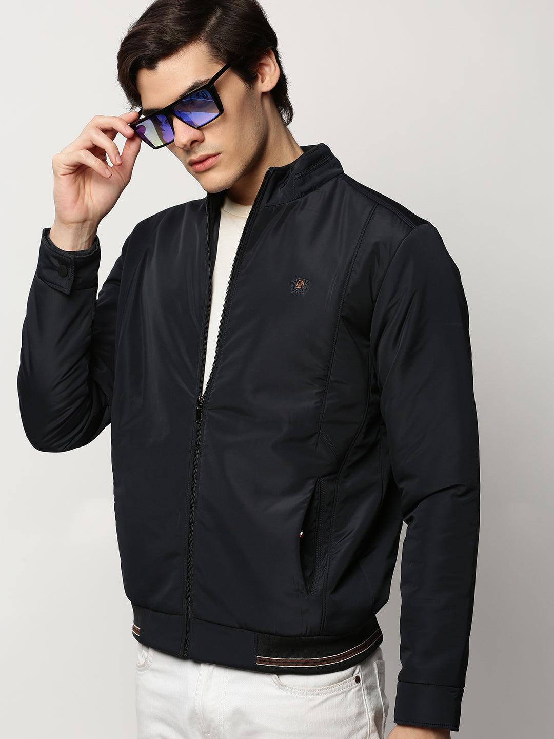 Men Navy Solid Casual Bomber Jackets