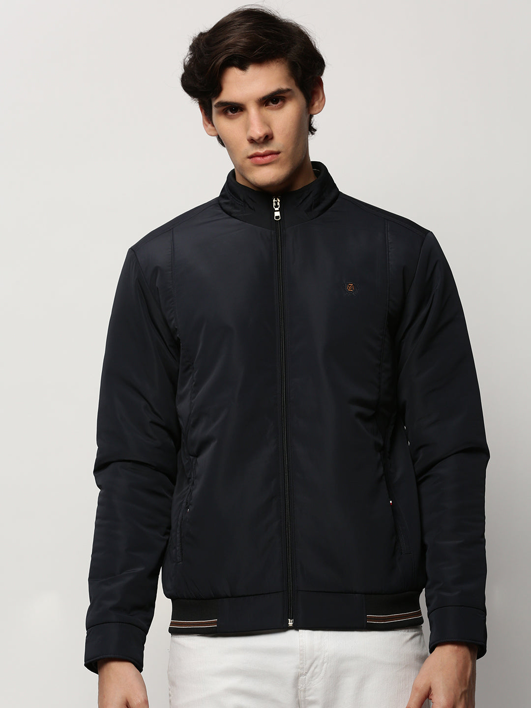 Men Navy Solid Casual Bomber Jackets