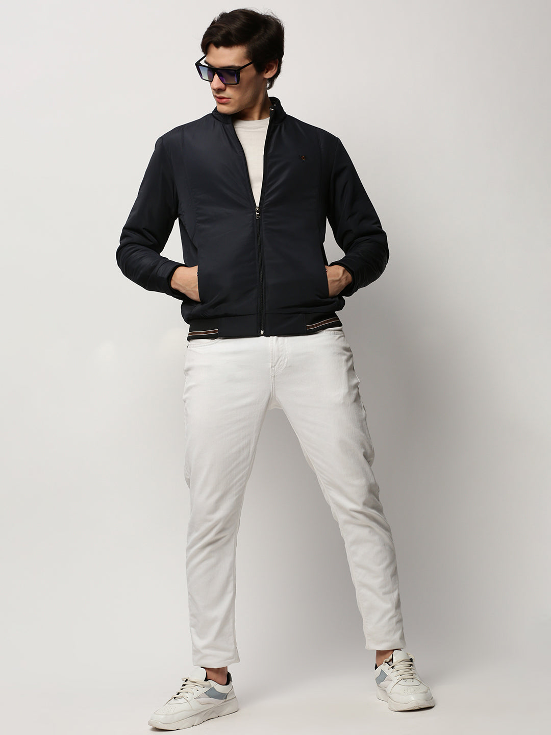 Men Navy Solid Casual Bomber Jackets