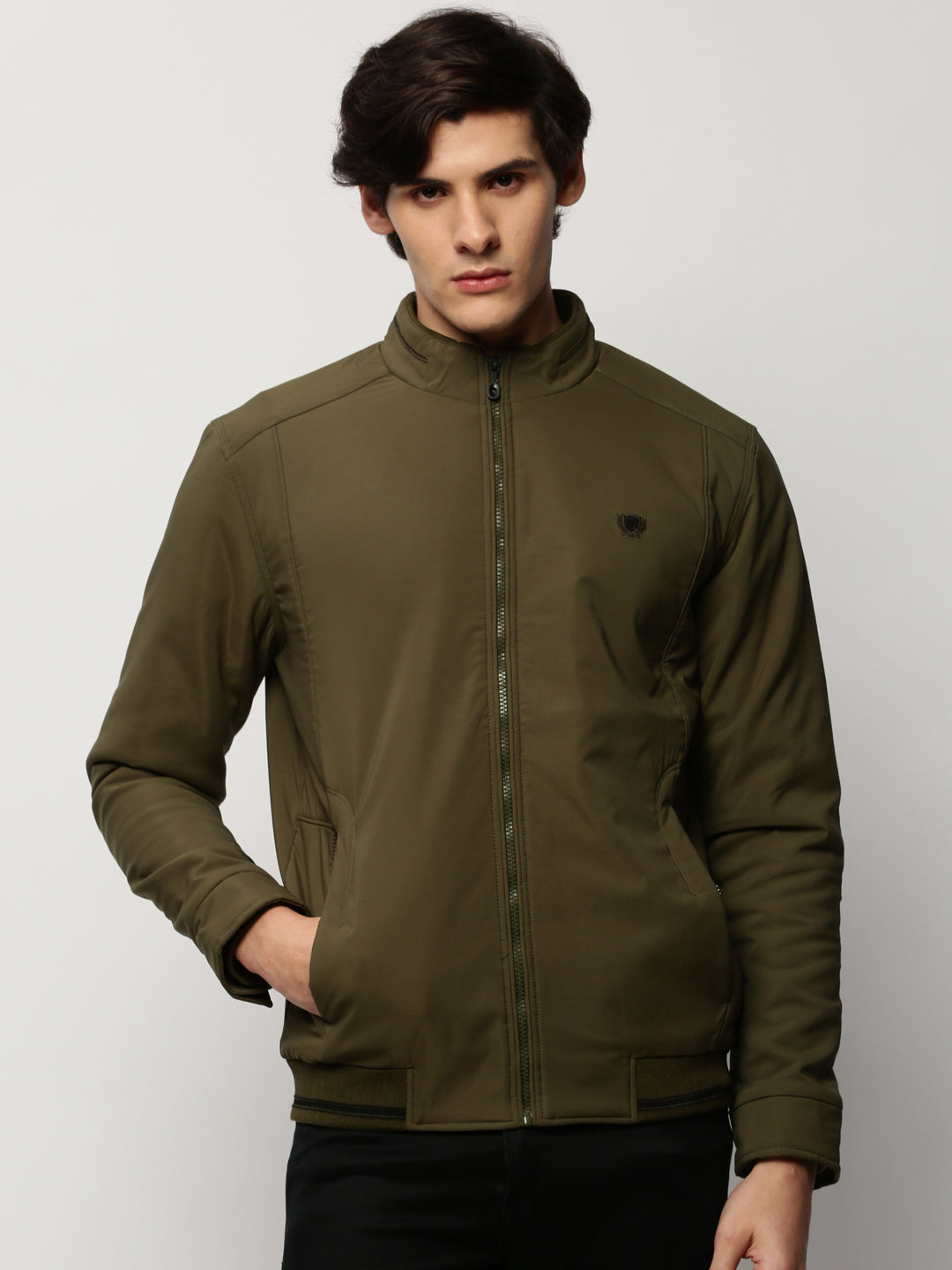 Men Green Solid Casual Bomber Jackets