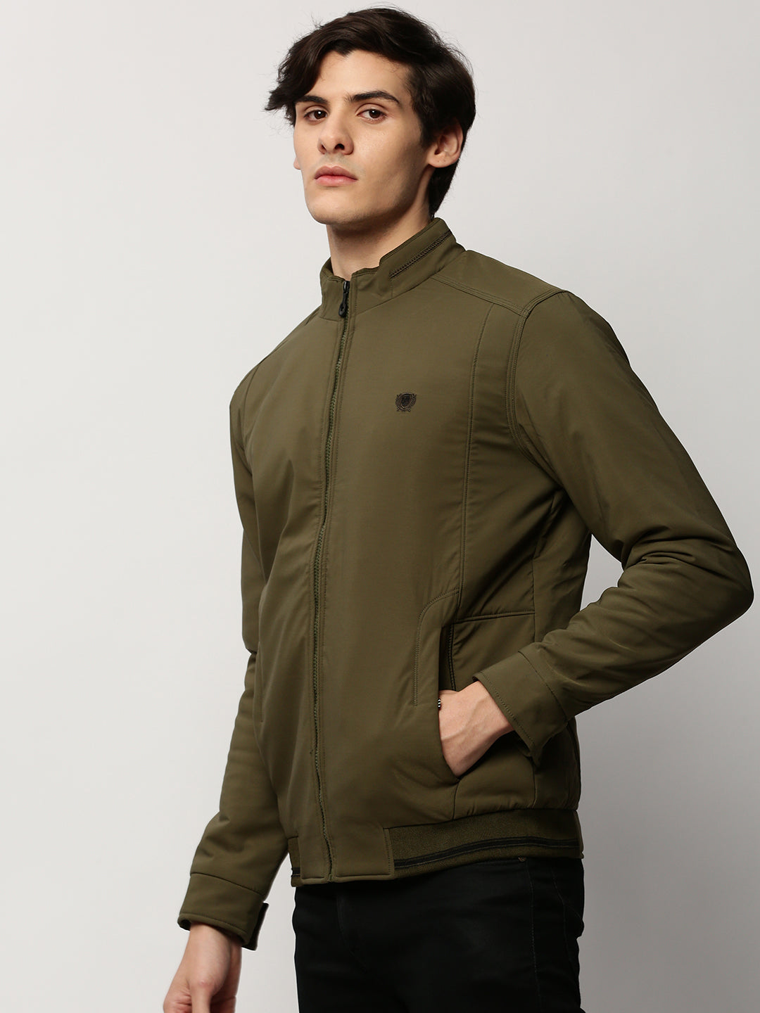 Men Green Solid Casual Bomber Jackets