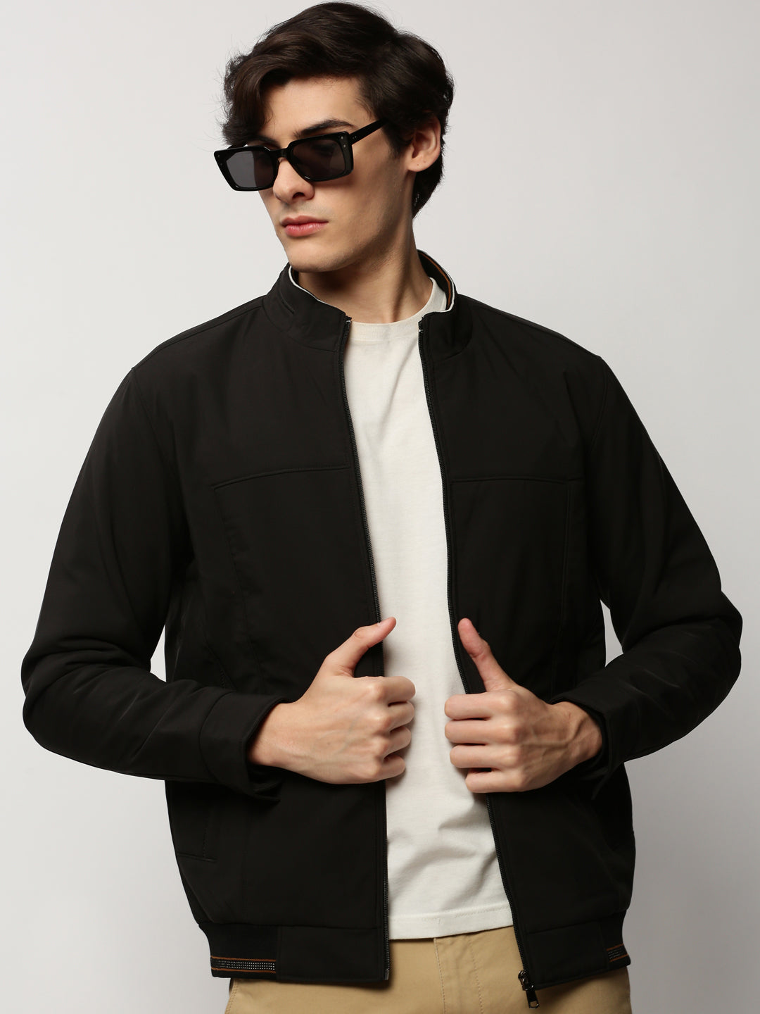 Men Black Solid Casual Bomber Jackets