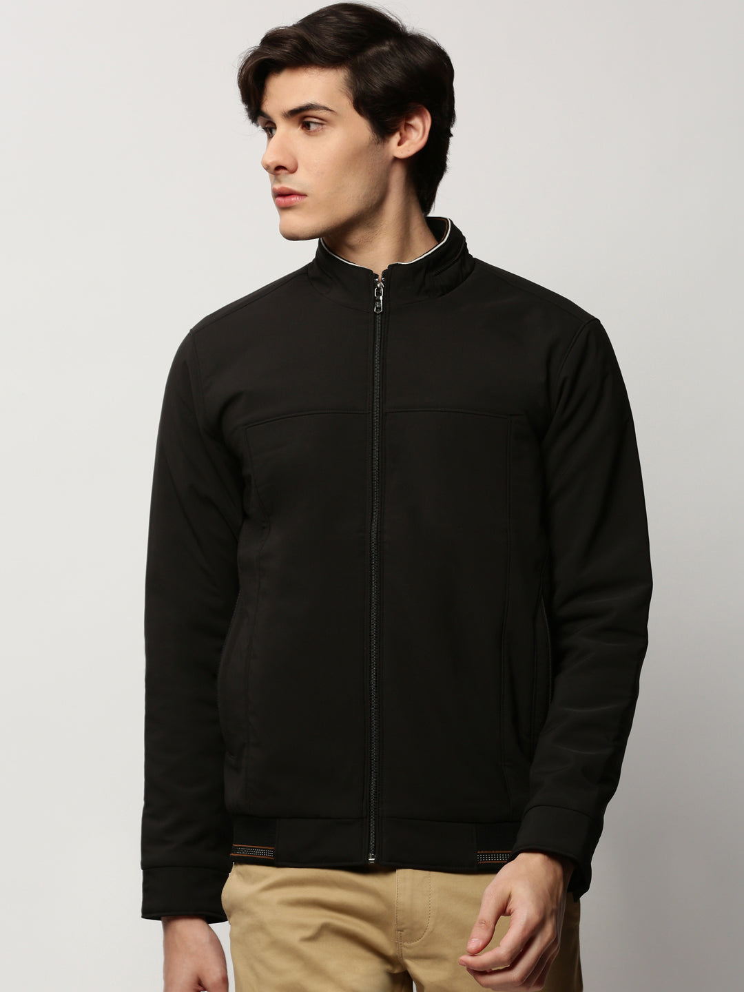 Men Black Solid Casual Bomber Jackets