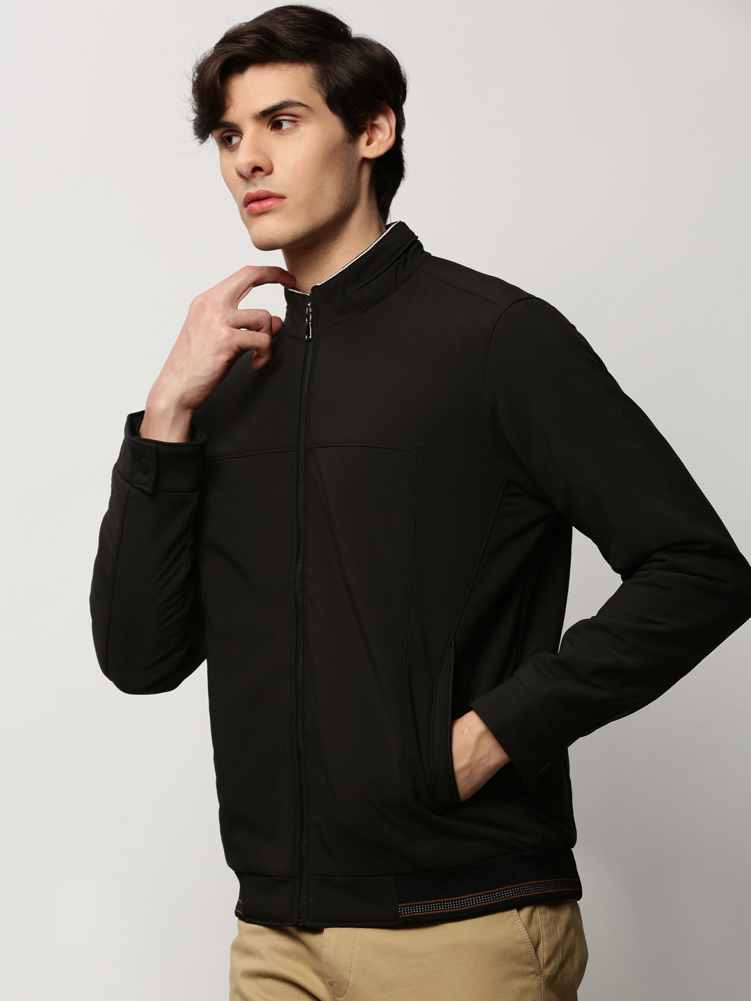 Men Black Solid Casual Bomber Jackets