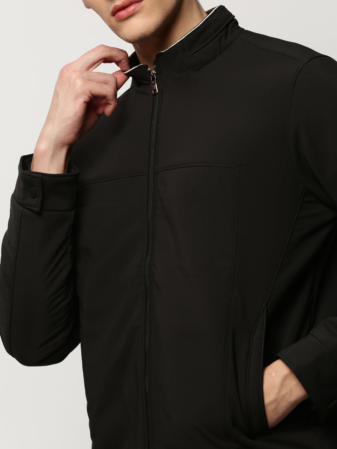 Men Black Solid Casual Bomber Jackets