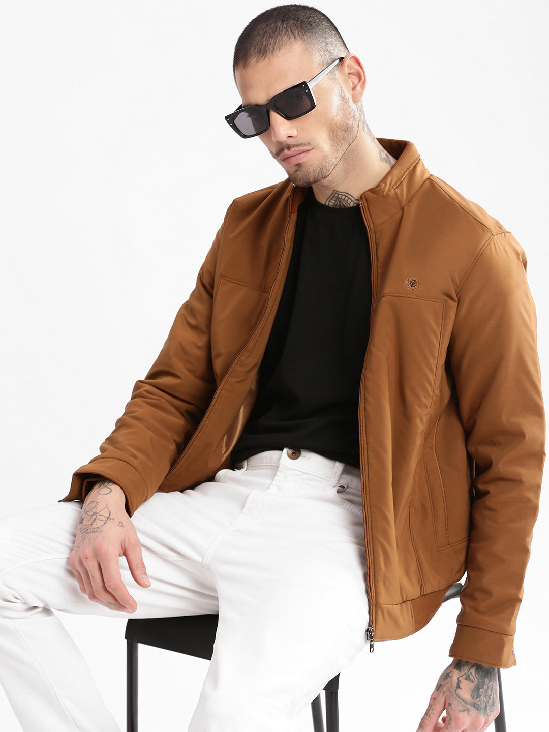 Men's Solid Mock Collar Brown Solid Bomber Jacket