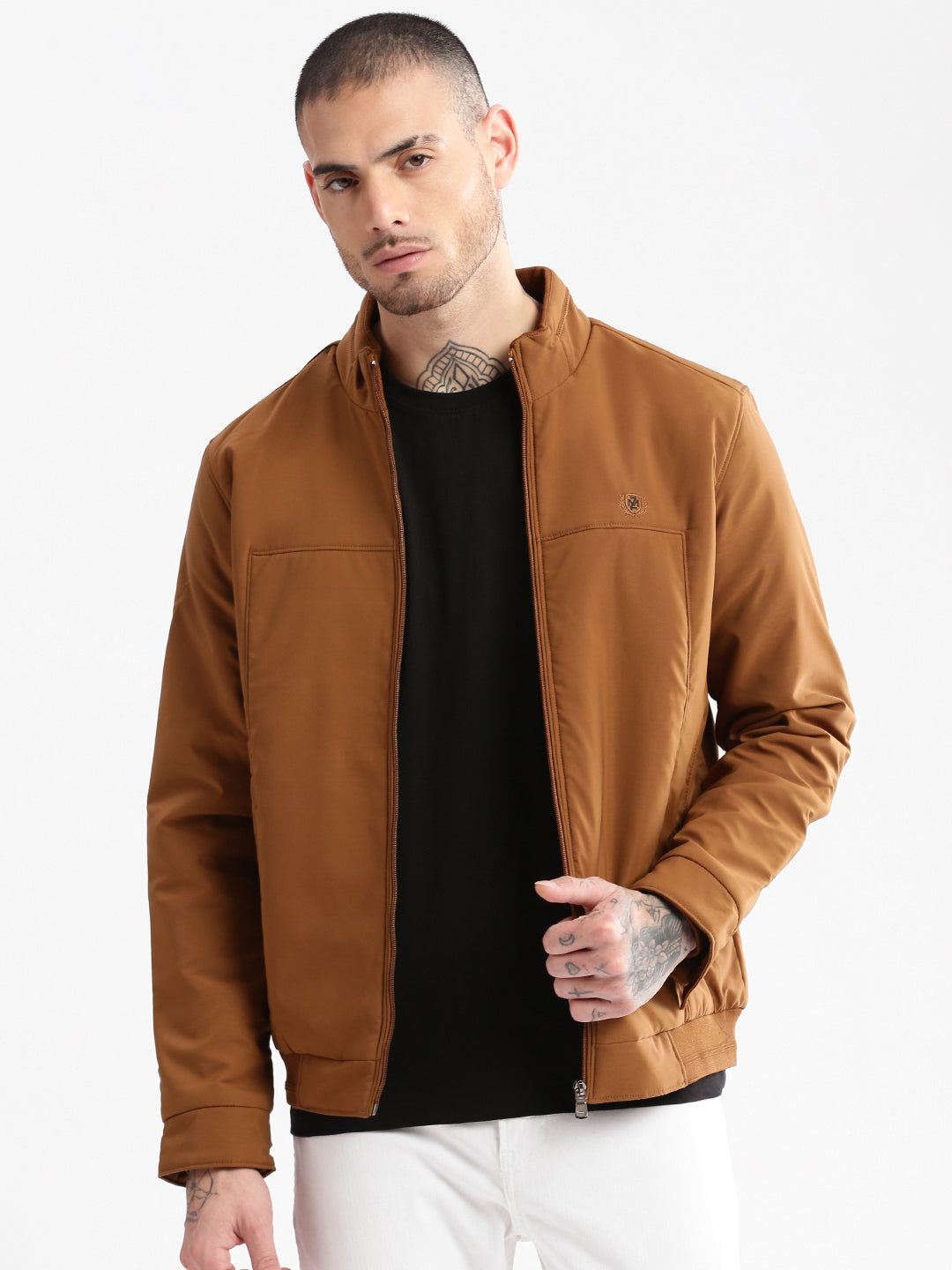 Men's Solid Mock Collar Brown Solid Bomber Jacket