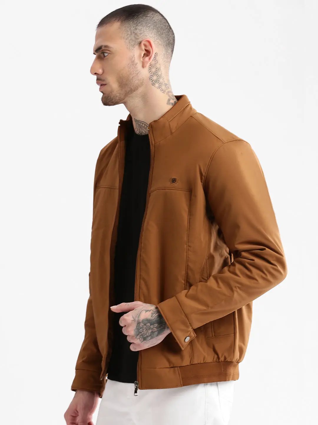Men's Solid Mock Collar Brown Solid Bomber Jacket - from SHOWOFFFF