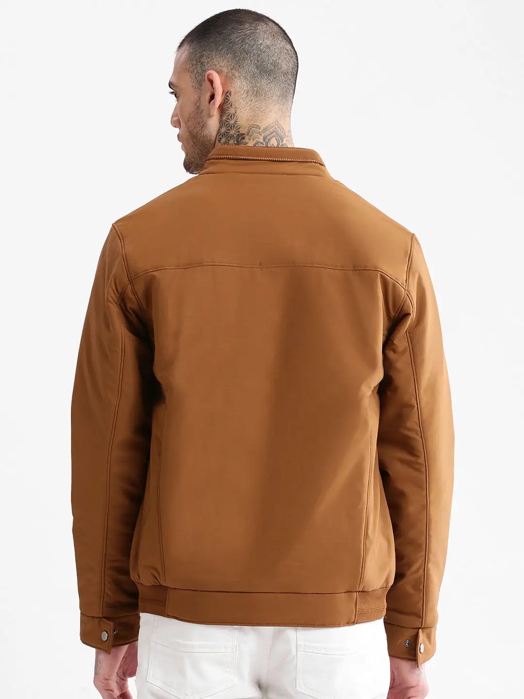 Men's Solid Mock Collar Brown Solid Bomber Jacket - from SHOWOFFFF