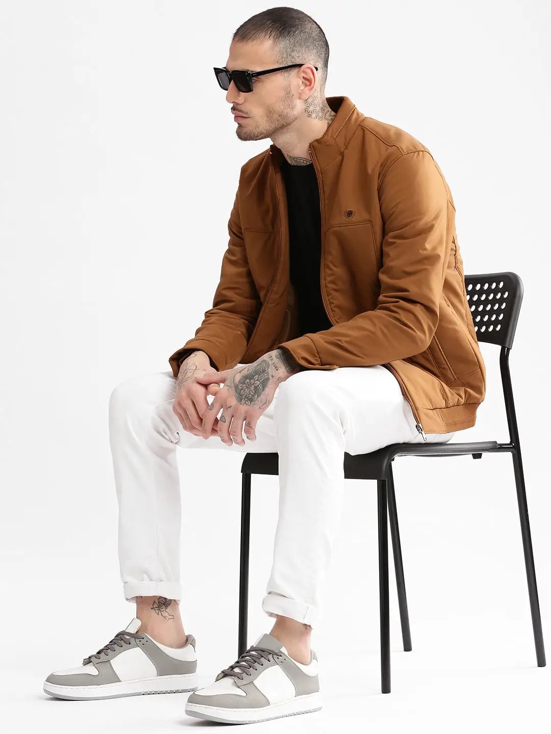 Men's Solid Mock Collar Brown Solid Bomber Jacket - from SHOWOFFFF