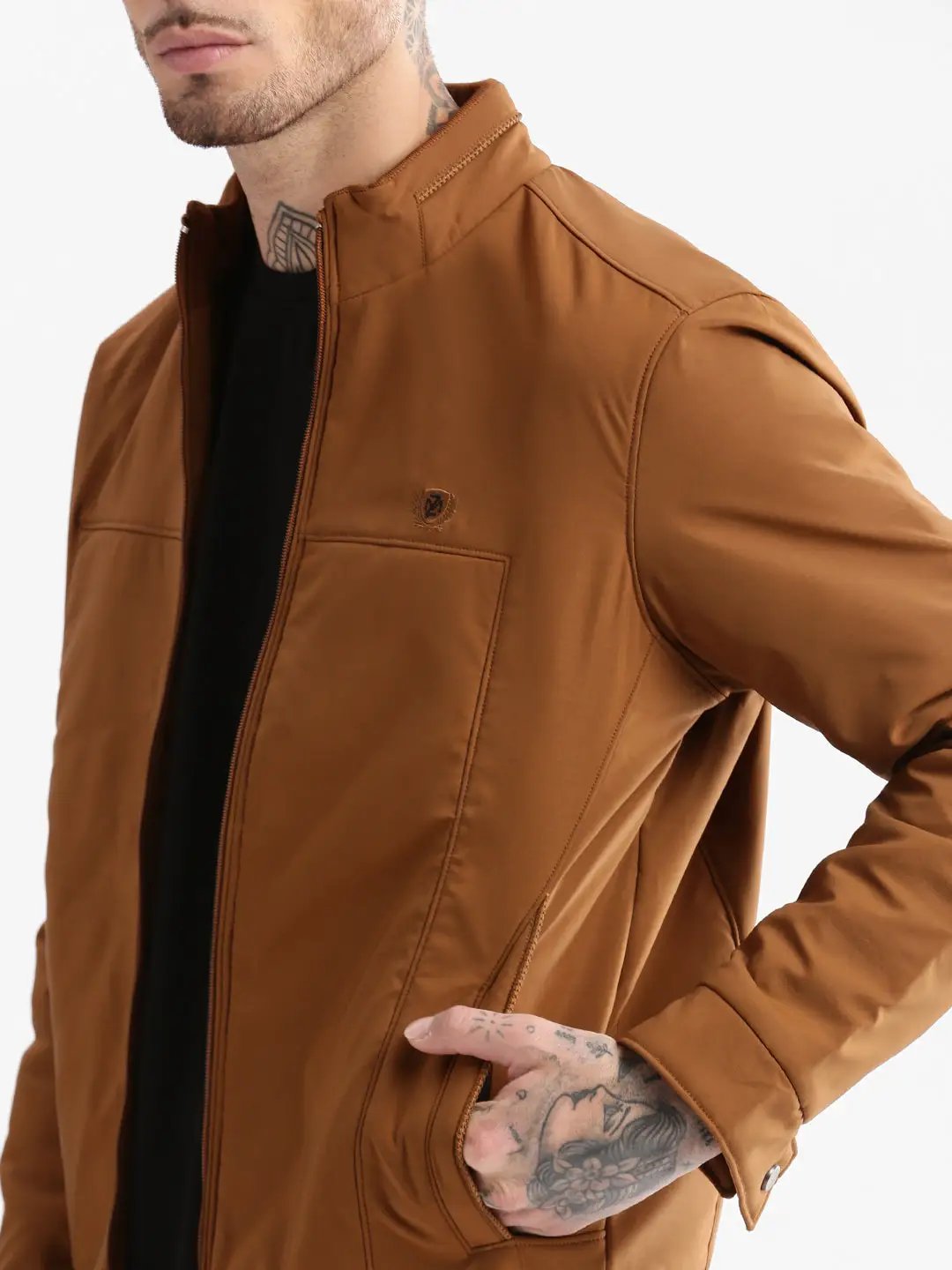 Men's Solid Mock Collar Brown Solid Bomber Jacket - from SHOWOFFFF