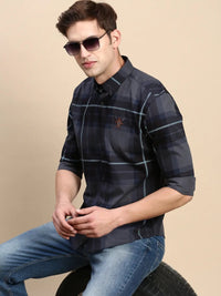 Men's Navy Blue Tartan Checks Comfort Slim Fit Cotton Casual Shirt