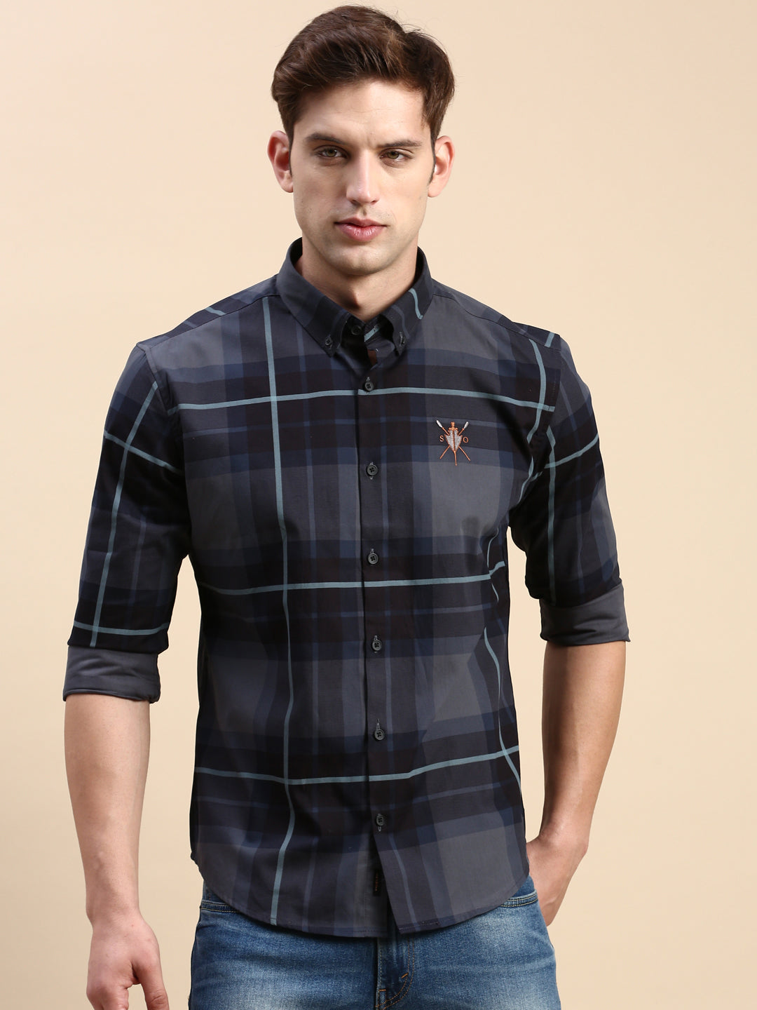 Men Navy Checked Casual Shirt