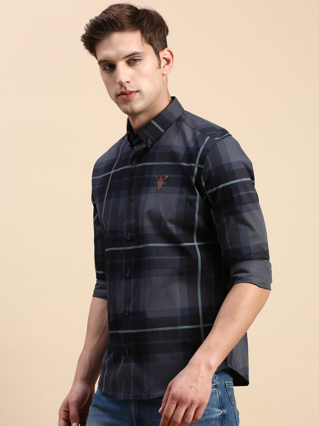 Men Navy Checked Casual Shirt