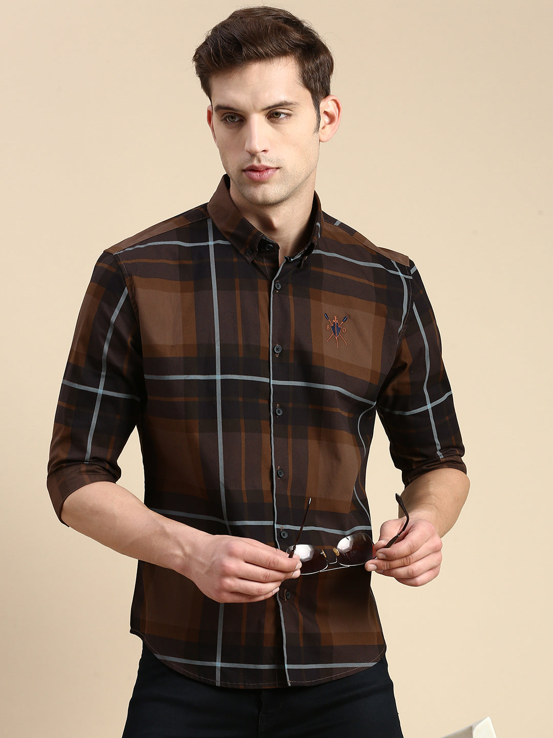 Men Brown Checked Casual Shirt