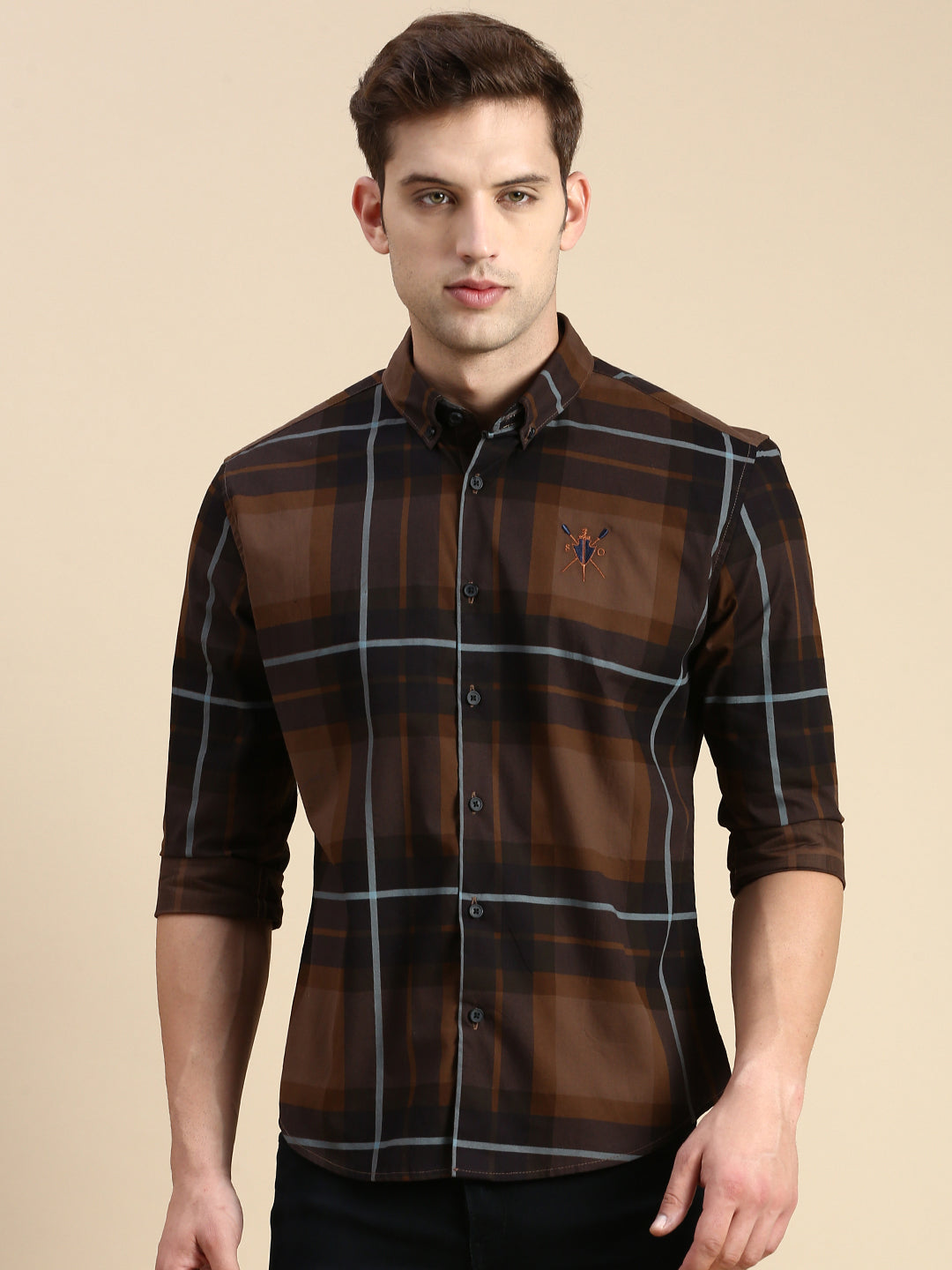 Men Brown Checked Casual Shirt