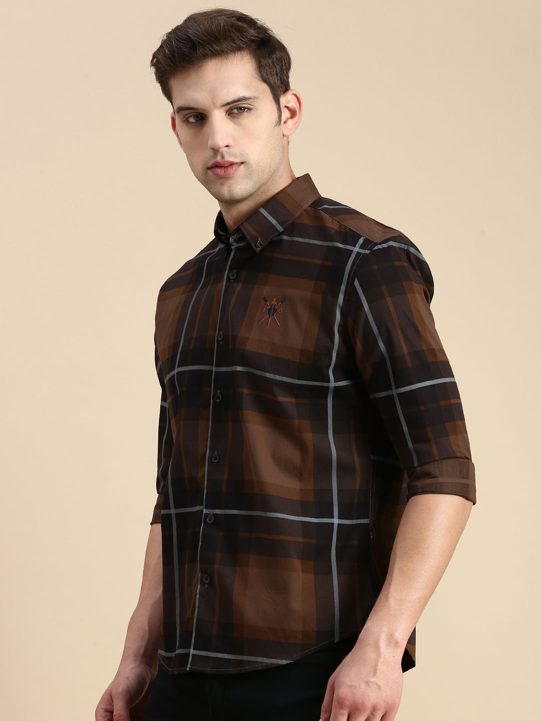 Men Brown Checked Casual Shirt