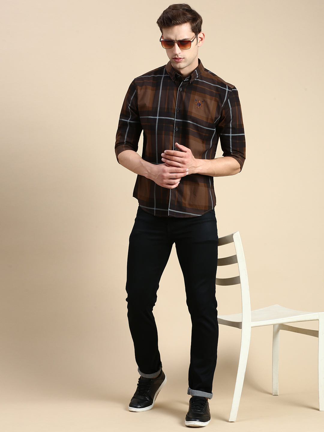 Men Brown Checked Casual Shirt