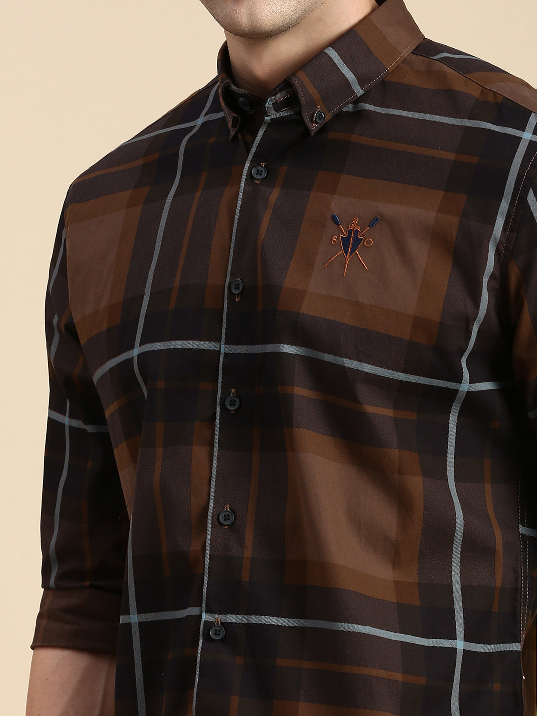 Men Brown Checked Casual Shirt