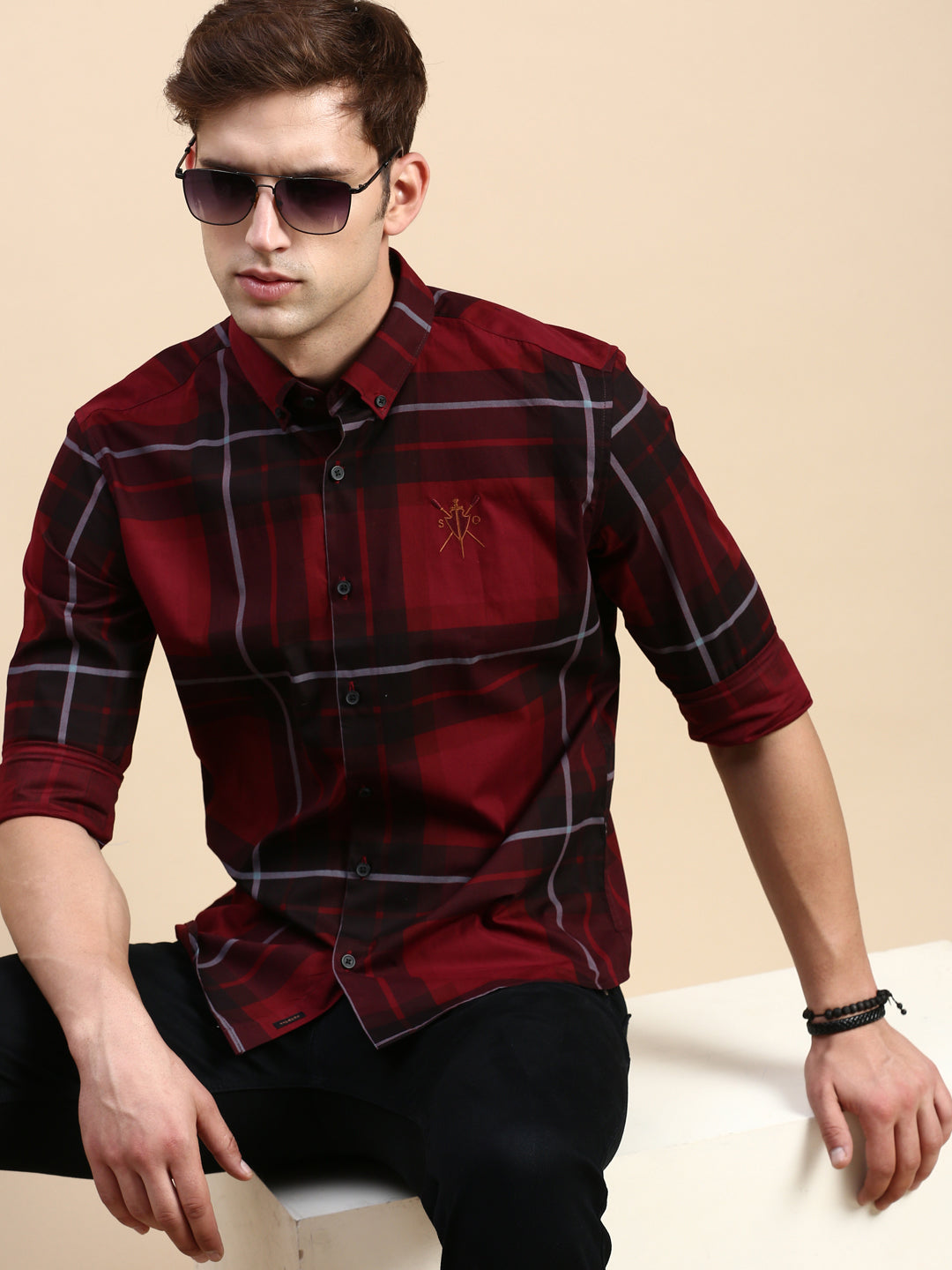 Men Maroon Checked Casual Shirt