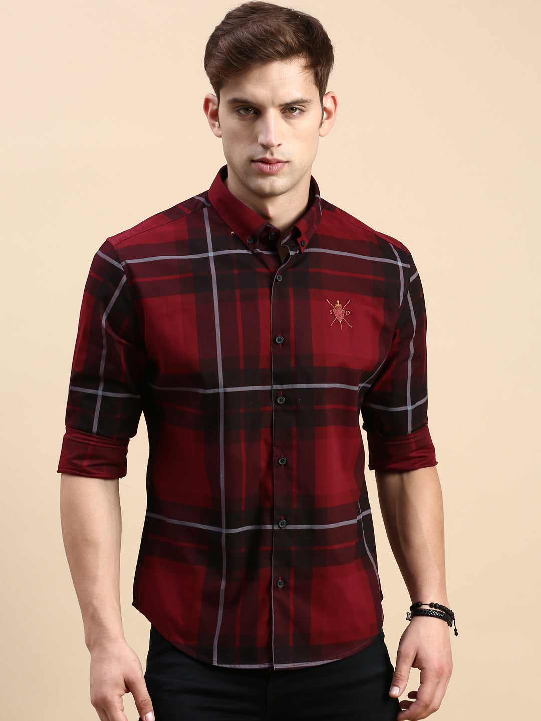 Men Maroon Checked Casual Shirt