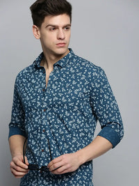 Men's Teal Comfort Floral Printed Cotton Casual Shirt