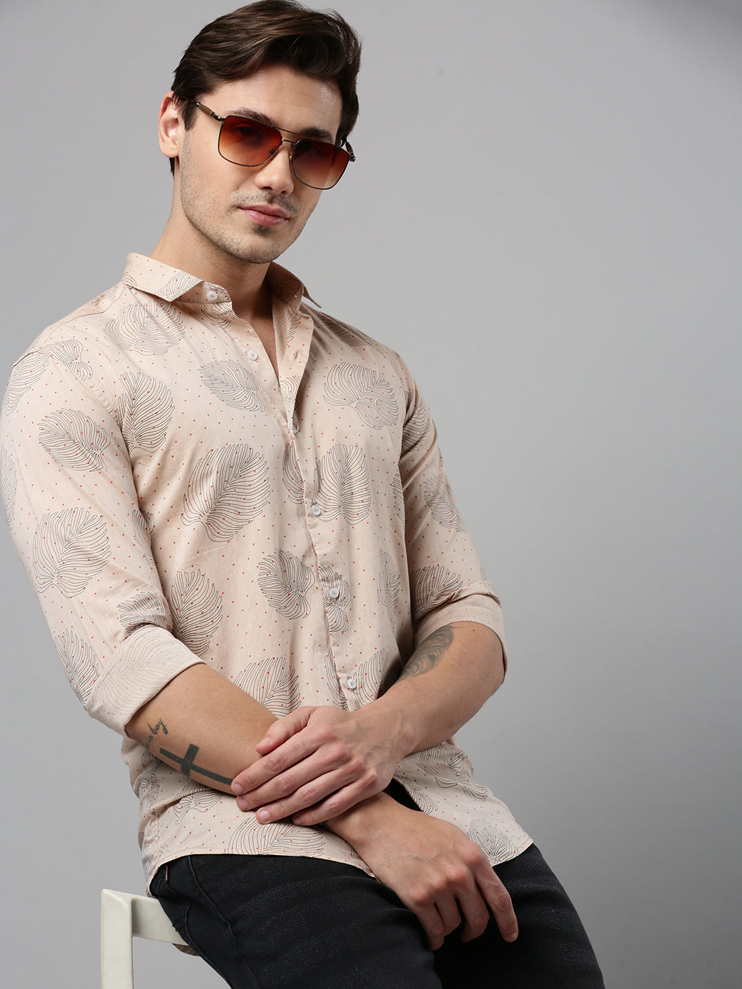 Men Beige Printed Casual Shirt