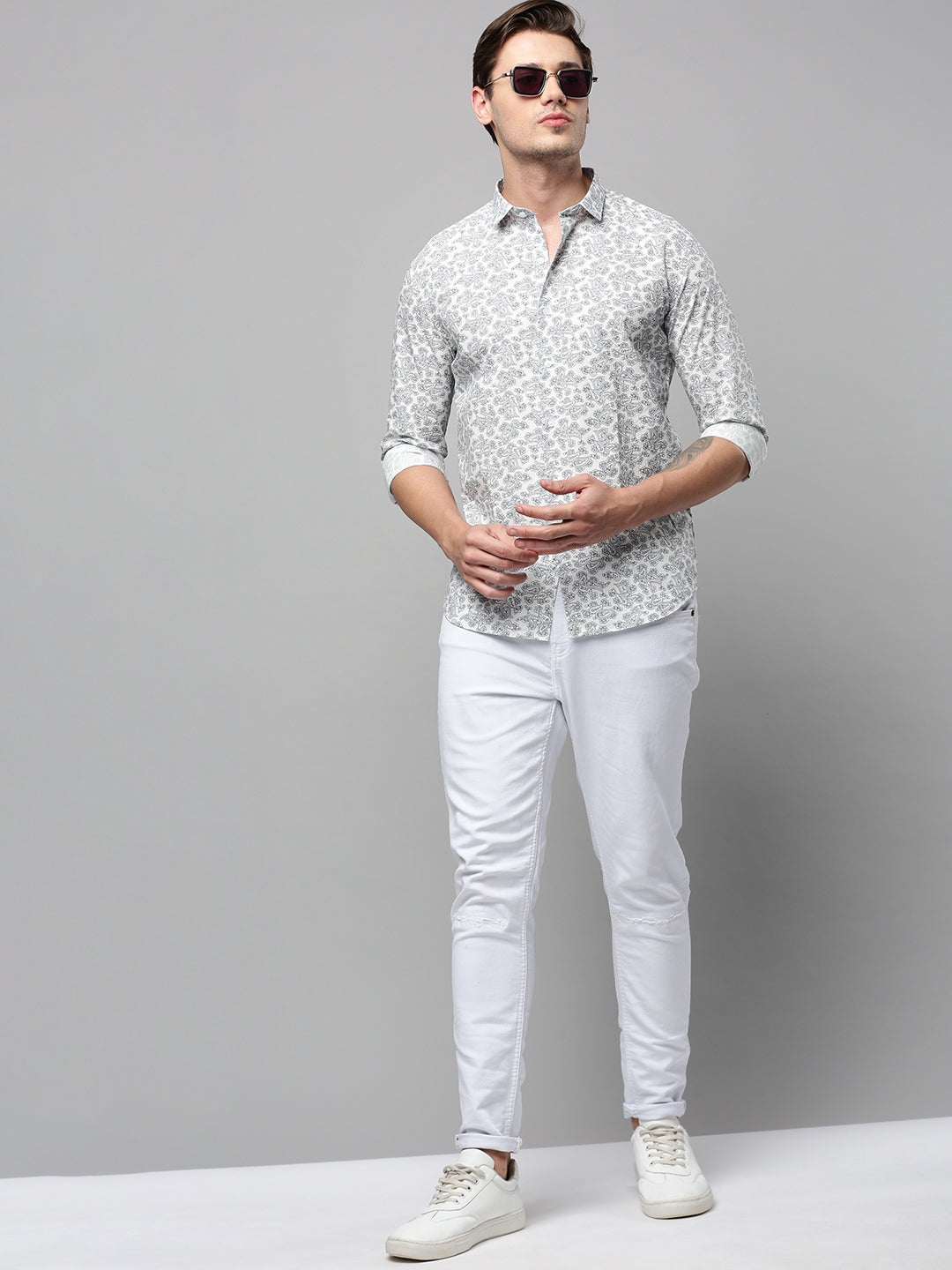 Men White Printed Casual Shirt