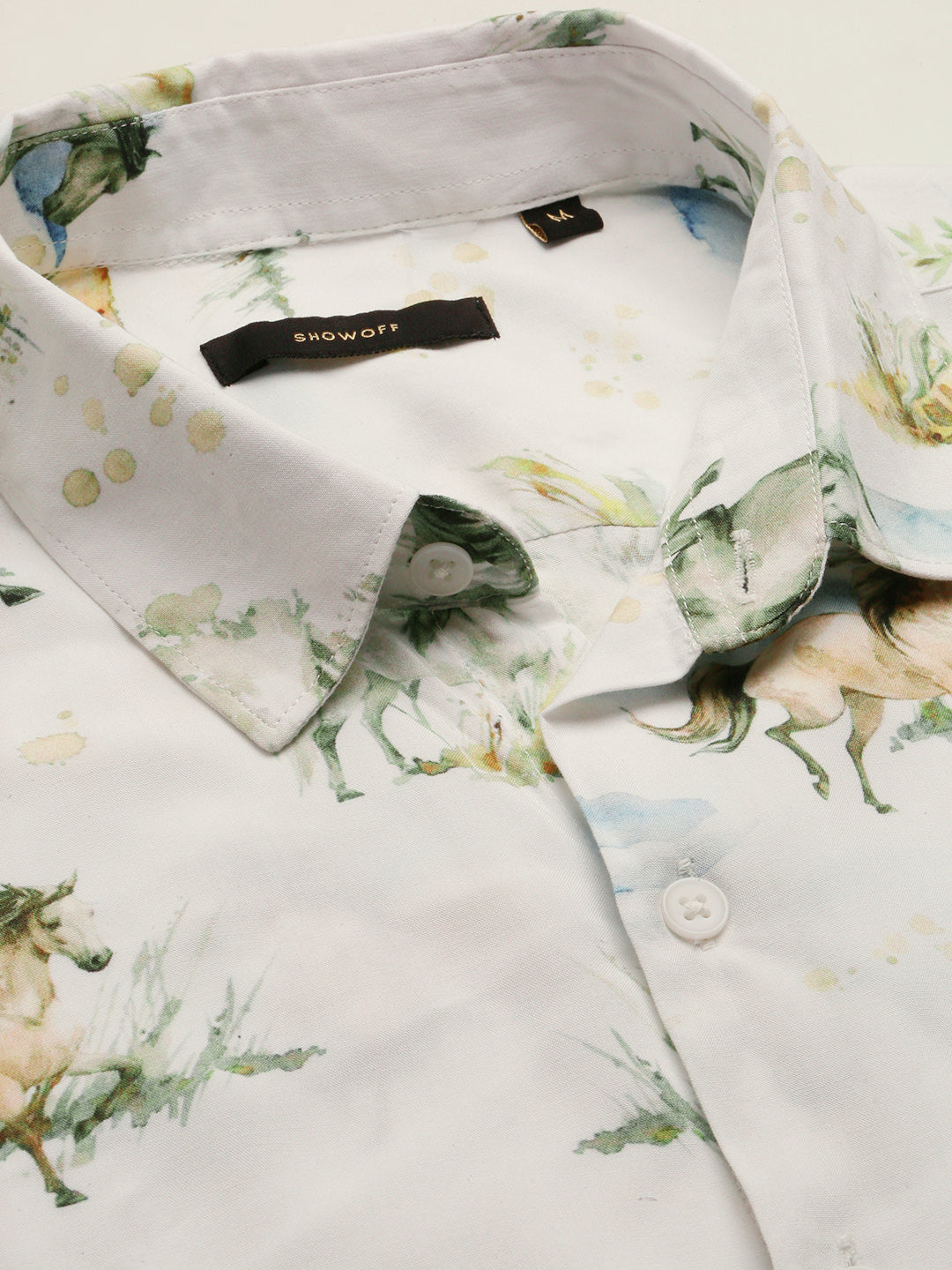 Men's Off White Standard Slim Fit Floral Opaque Printed Cotton Casual Shirt