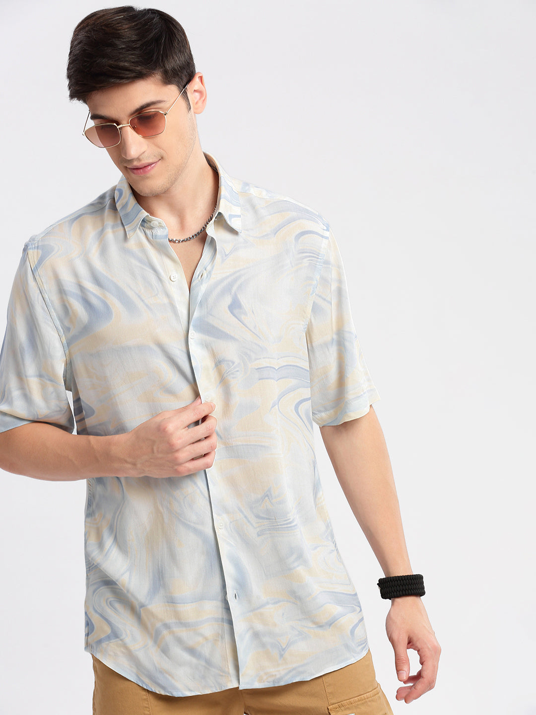 Men's Cream Standard Printed Cotton Slim Fit Casual Shirt