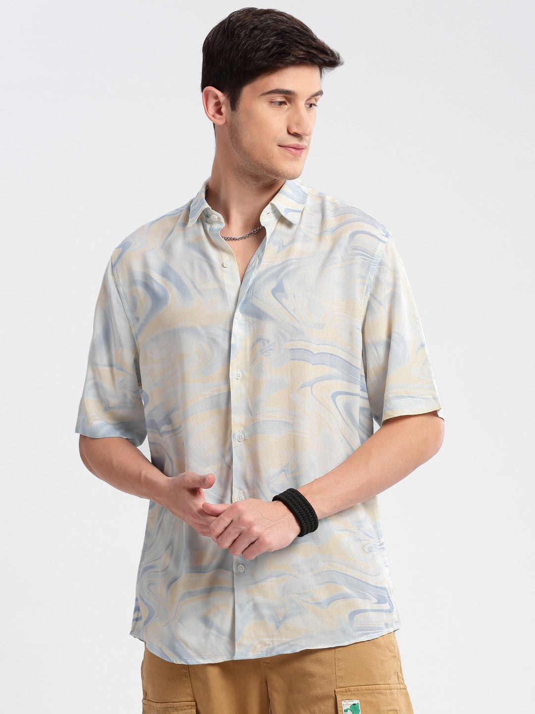 Men's Cream Standard Printed Cotton Slim Fit Casual Shirt