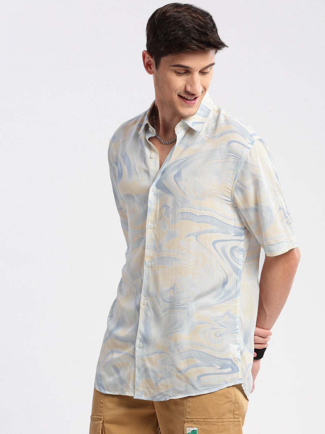 Men's Cream Standard Printed Cotton Slim Fit Casual Shirt