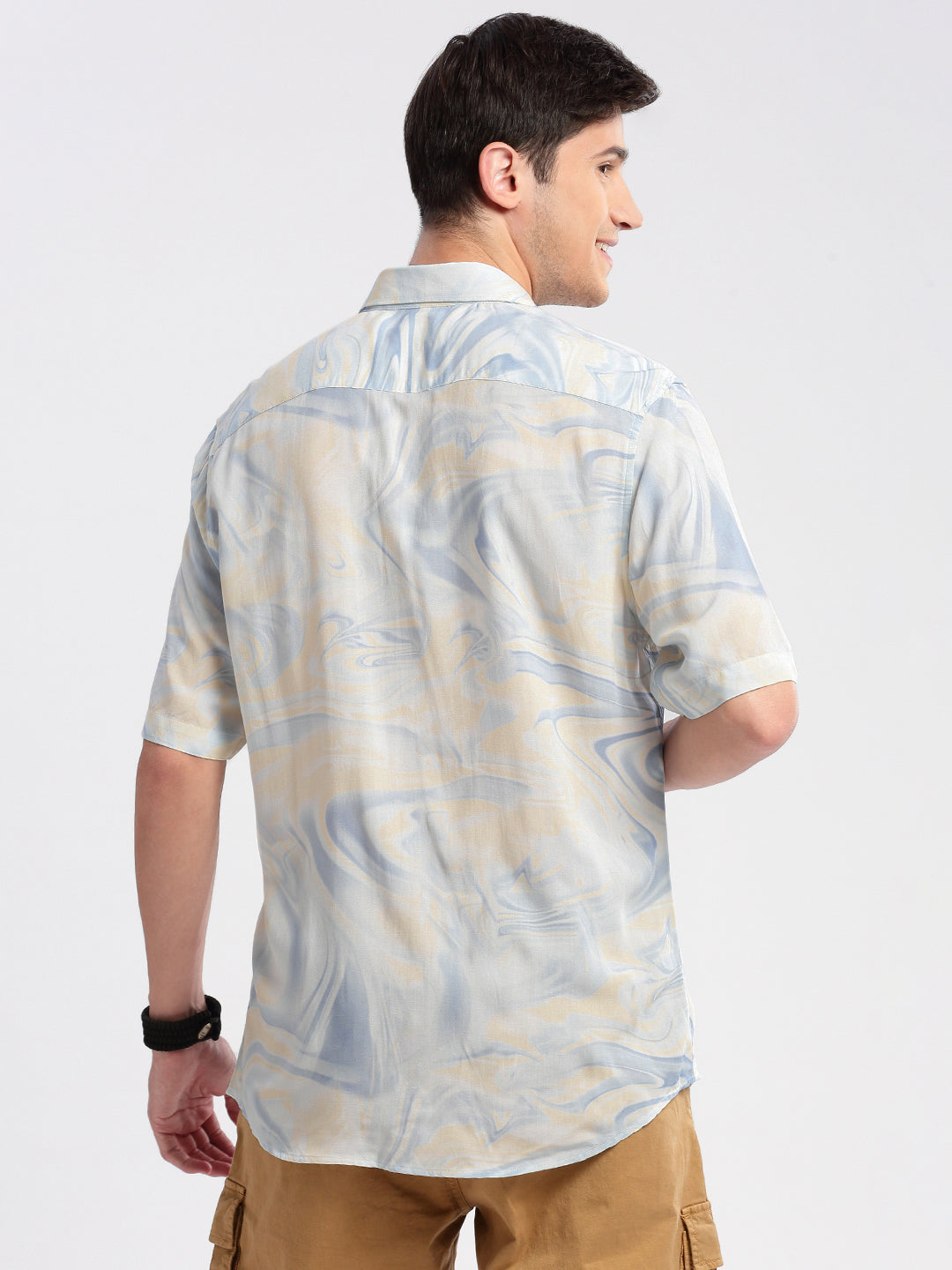 Men's Cream Standard Printed Cotton Slim Fit Casual Shirt