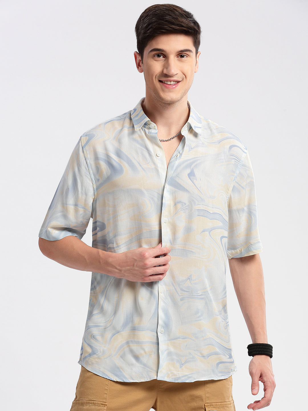 Men's Cream Standard Printed Cotton Slim Fit Casual Shirt